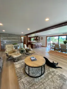New layout of main level after reconfiguration of kitchen, bathroom and laundry room.