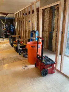 Temporary wall built to support upper level for 30ft beam install.